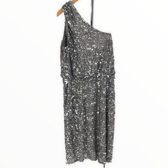 Aidan Mattox Silver Grey Sequin Beaded One Shoulder Dress Cocktail Party size 8 - Picture 9 of 13